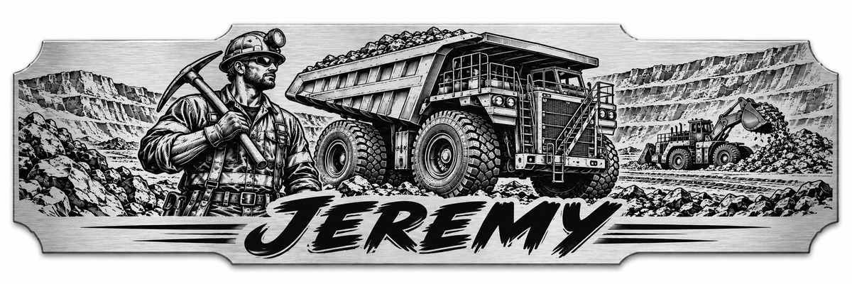 A mining scene with heavy haul trucks and quarry terrain with a personalized engraved name