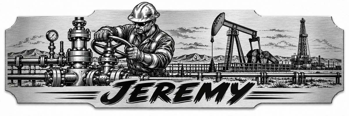 An oilfield pipe-work scene with pumpjacks with a personalized engraved name