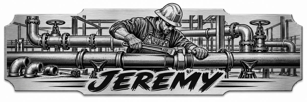 A pipefitter working across an industrial piping installation with a personalized engraved name