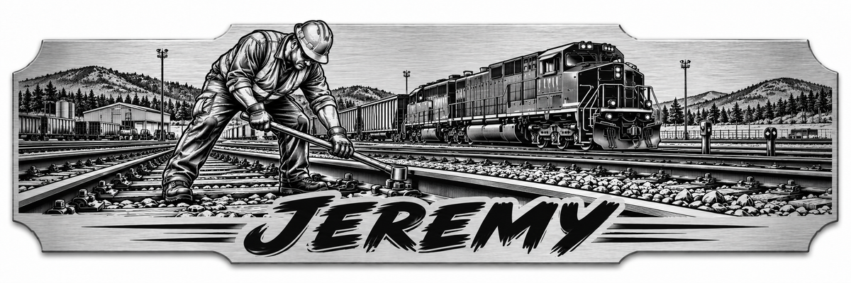 A railroad maintenance scene with track work and a locomotive with a personalized engraved name