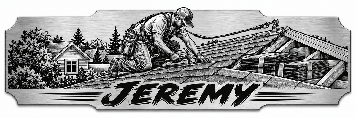 A roofer working across exposed roof framing with a personalized engraved name