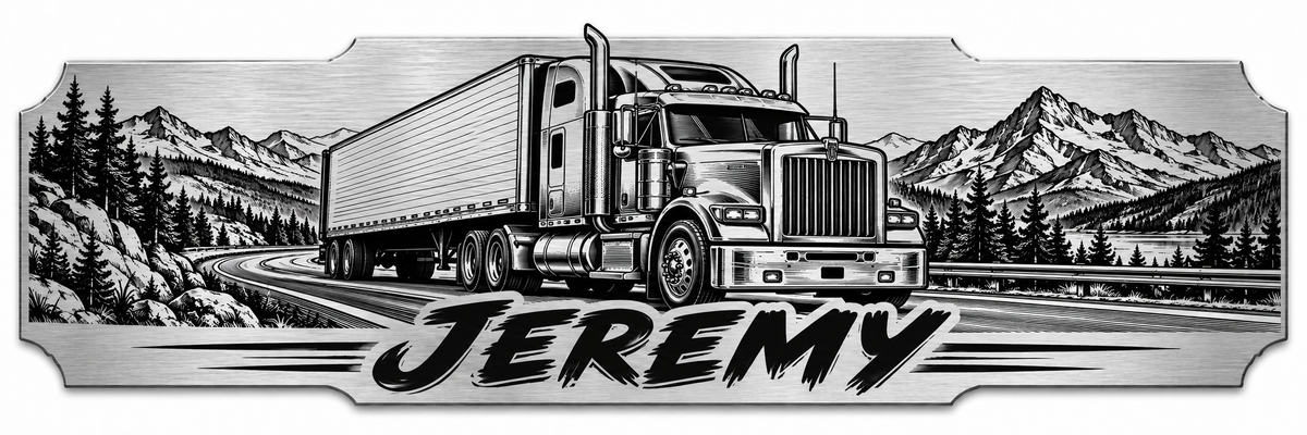 A highway truck framed by mountains and evergreen trees with a personalized engraved name