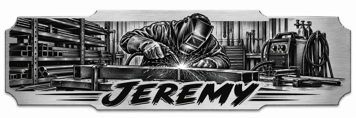 A welder at a fabrication bench with a personalized engraved name